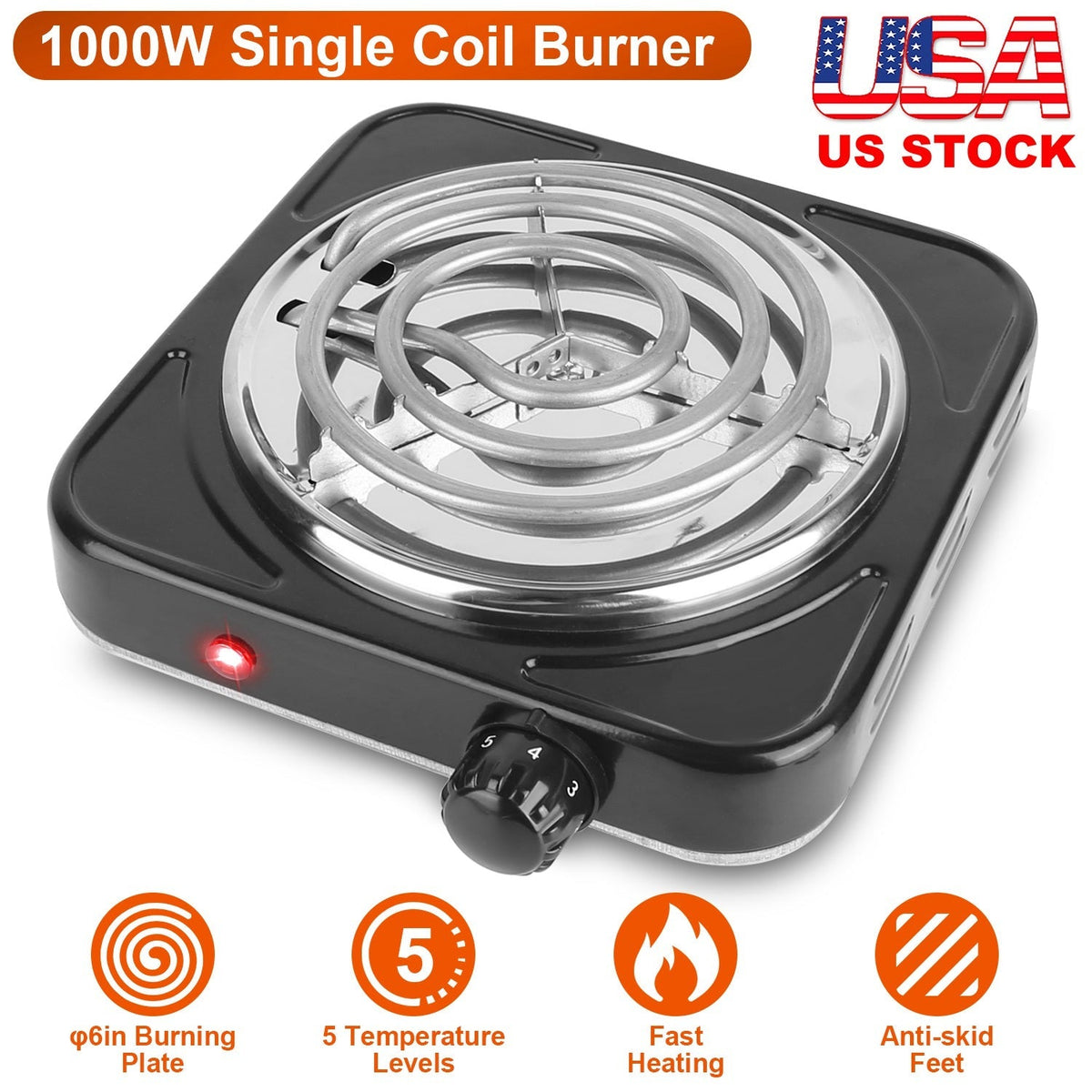 1000W Electric Single Burner Portable Coil Heating Hot Plate Stove Countertop RV Hotplate with Non Slip Rubber Feet 5 Temperature Adjustments