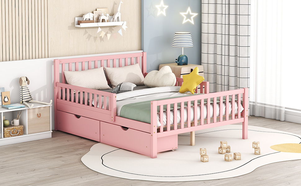 Platform Bed With Guardrails On Both Sides And 2 Storage Drawers