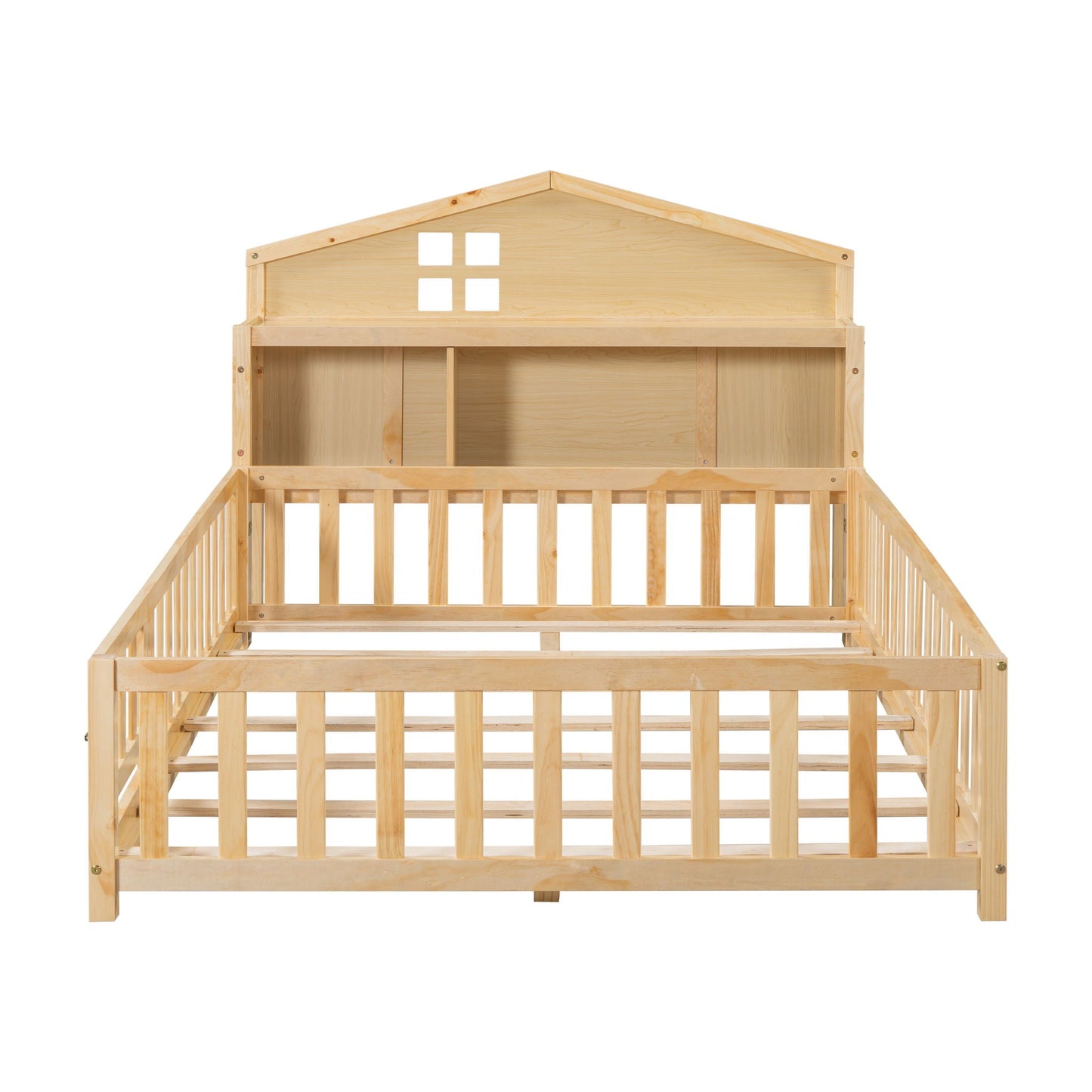 Full Size Montessori Floor Bed With Bookcases And boards, Solid Wood Platform Bed With Guard Rails And Storage Headboards - Natural