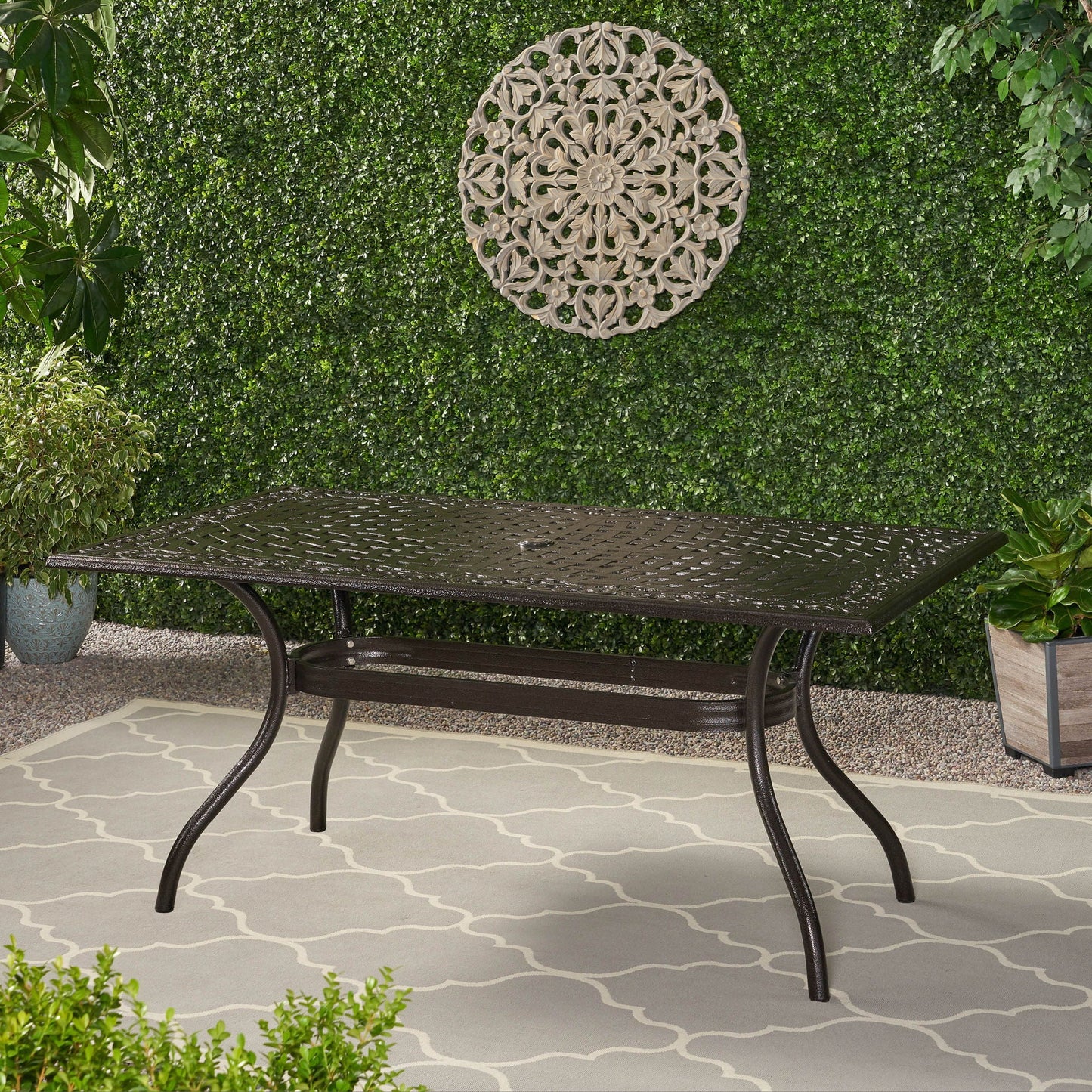 Celestine Outdoor Cast Aluminum Dining Table with Floral Lattice Design and Umbrella Holder