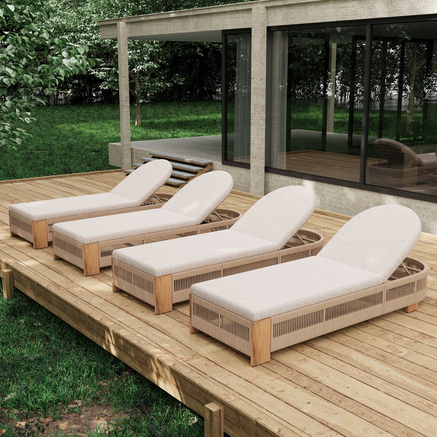 Outdoor Chaise Lounge Chair, Acacia Wood with Adjustable Backrest and Cushion