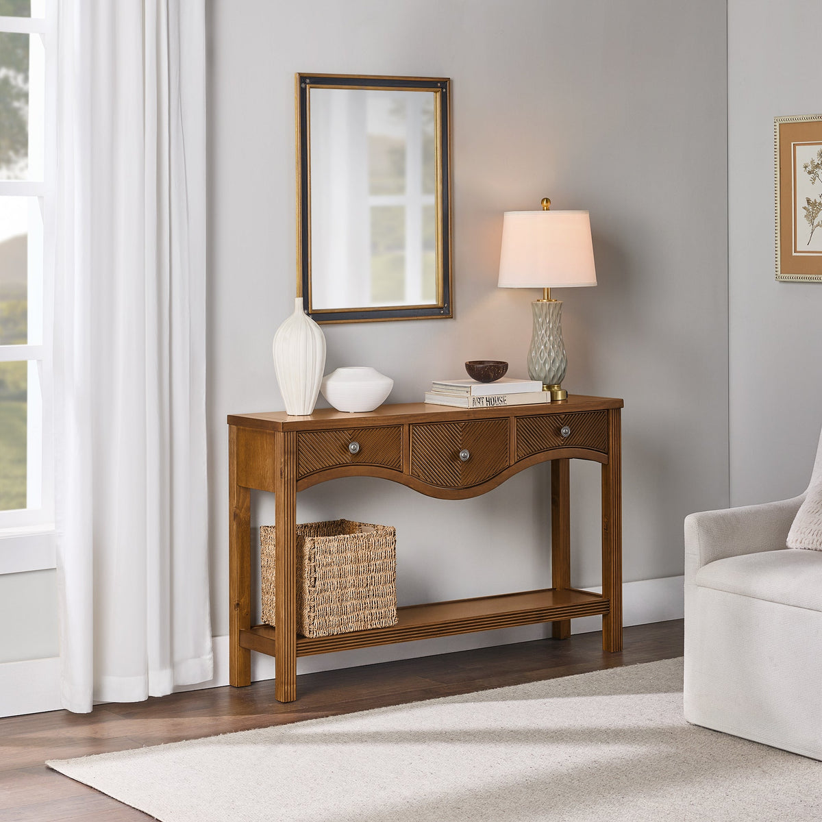 52'' Fluted Wood Console Table with 3 Drawers