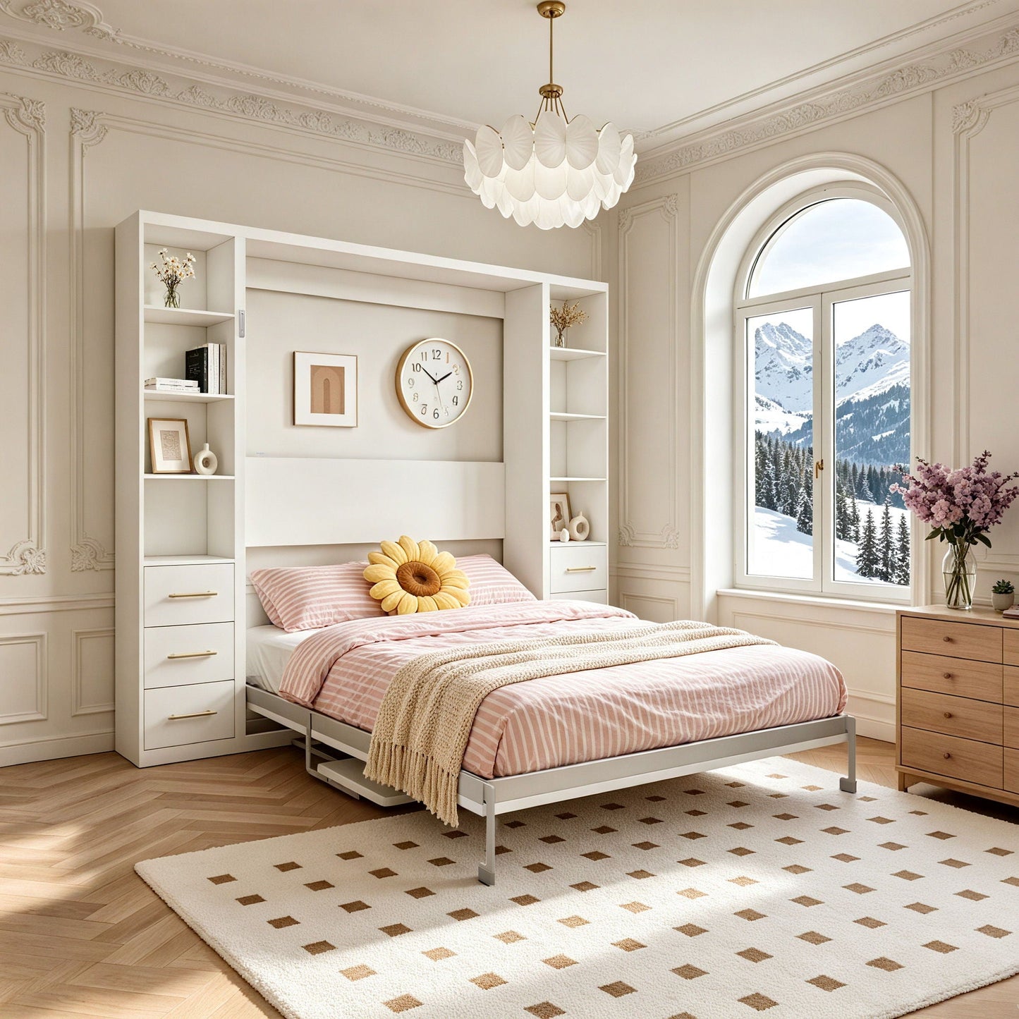 Queen Size Murphy Wall Bed With Side Storage Cabinets - White