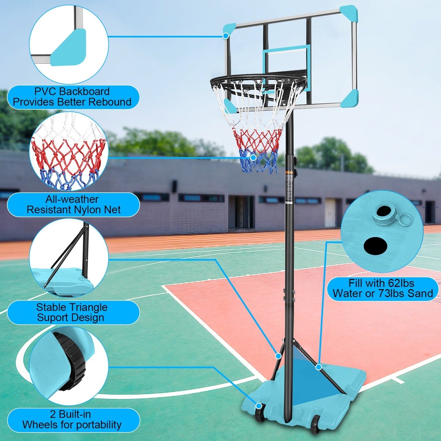 Kids Basketball Hoop Adjustable 5.6-7ft with Wheels