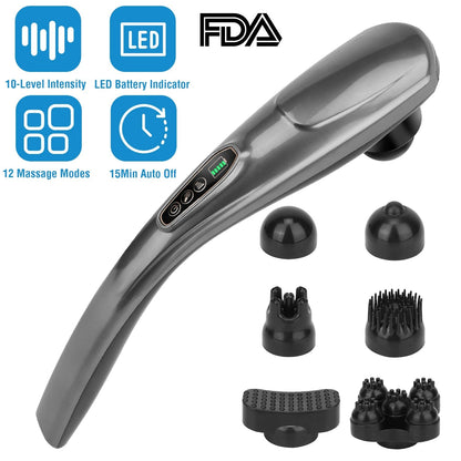 Cordless Handheld Back Massager Deep Tissue Rechargeable Electric Massager w/ 12 Modes 10 Intensity 6 Interchangeable Nodes For Muscle Foot Neck Shoul