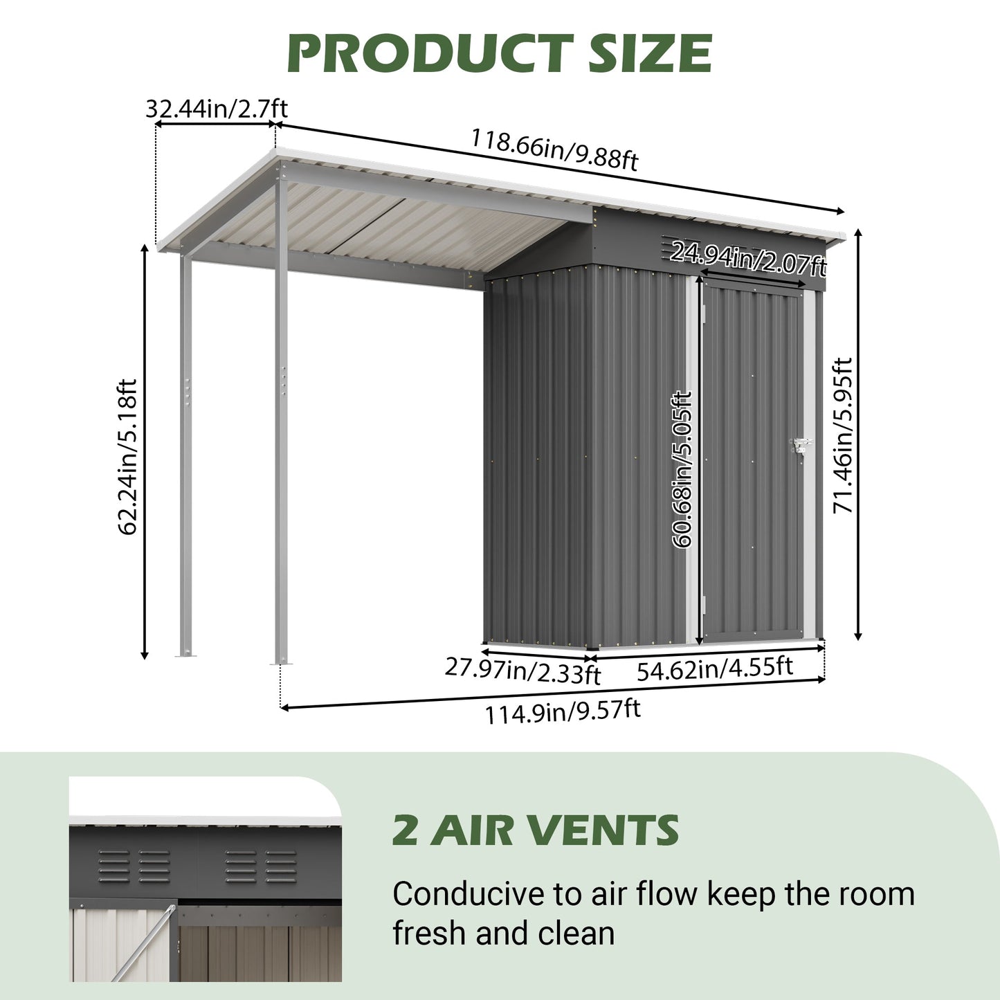 Durable 5x3FT Galvanized Steel Shed & Gazebo Combo