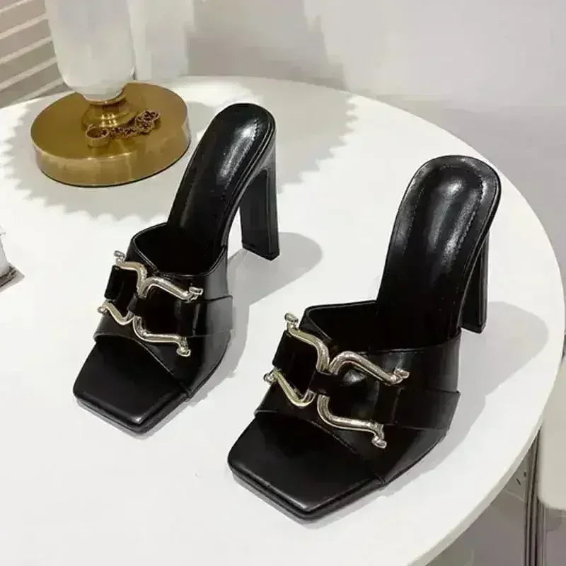 Summer New High-Heeled Women's Shoes Square Head Square Flat With Meta