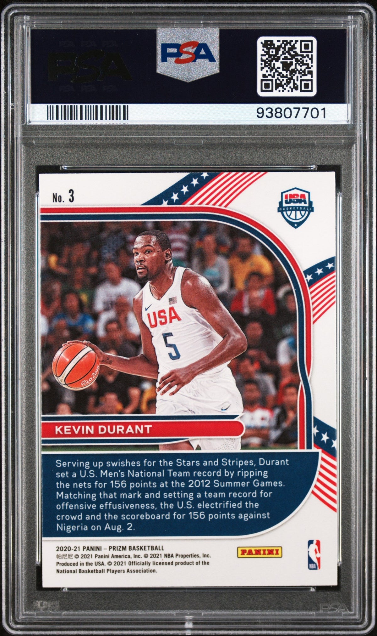 Graded 2020 Panini Prizm Kevin Durant #3 USA Basketball Card PSA 10 Gem Mint