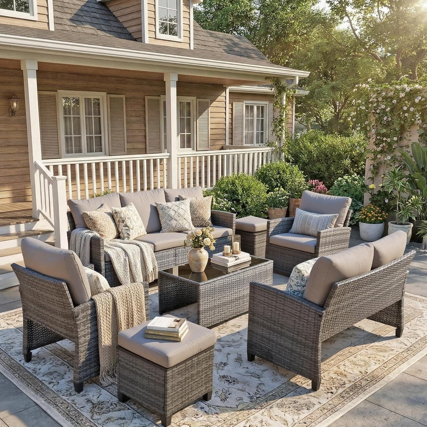 Ainfox 7-Piece Outdoor Wicker Patio Furniture Set,Sectional Conversation Set with 3-Seat Sofa, Loveseat, Coffee Table, Chairs & Ottomans, Gray, Space-Saving Design for Backyard, Porch, Poolside