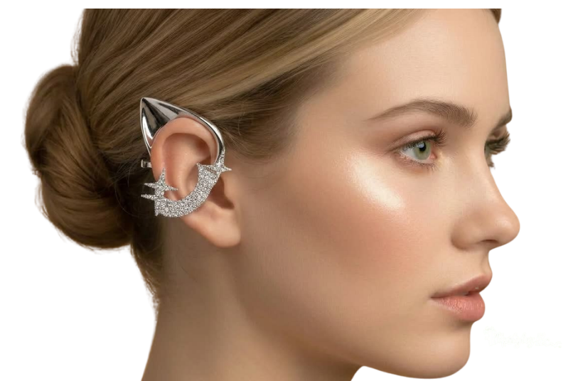 Silver Elven Ear Cuff Earrings | Shooting Star Crawler Studs with Pave Zirconia | Gothic Fairy Wing Jewelry | Celestial Wrap Studs for Women