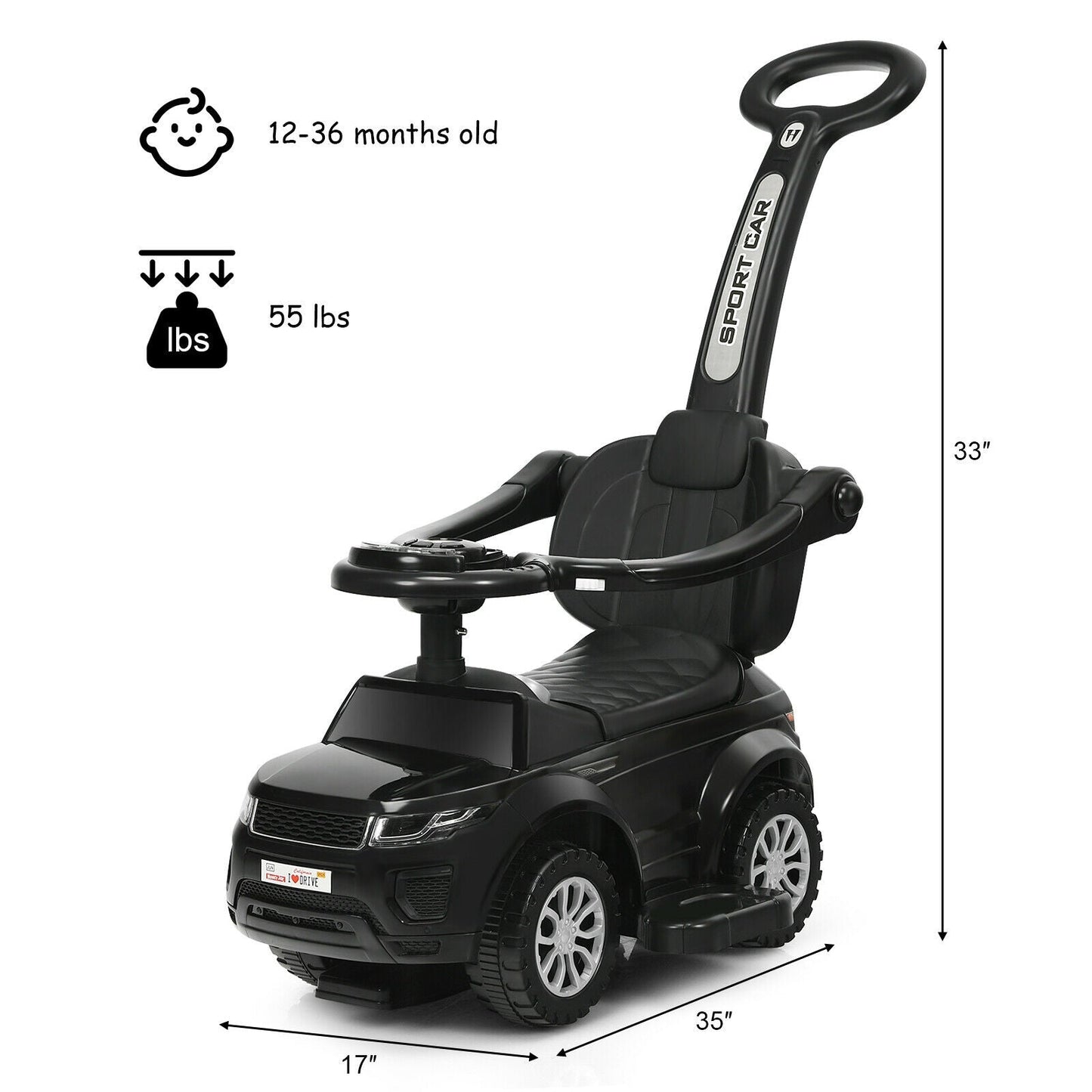 3 in 1 Ride on Push Car Toddler Stroller Sliding Car with Music-Black
