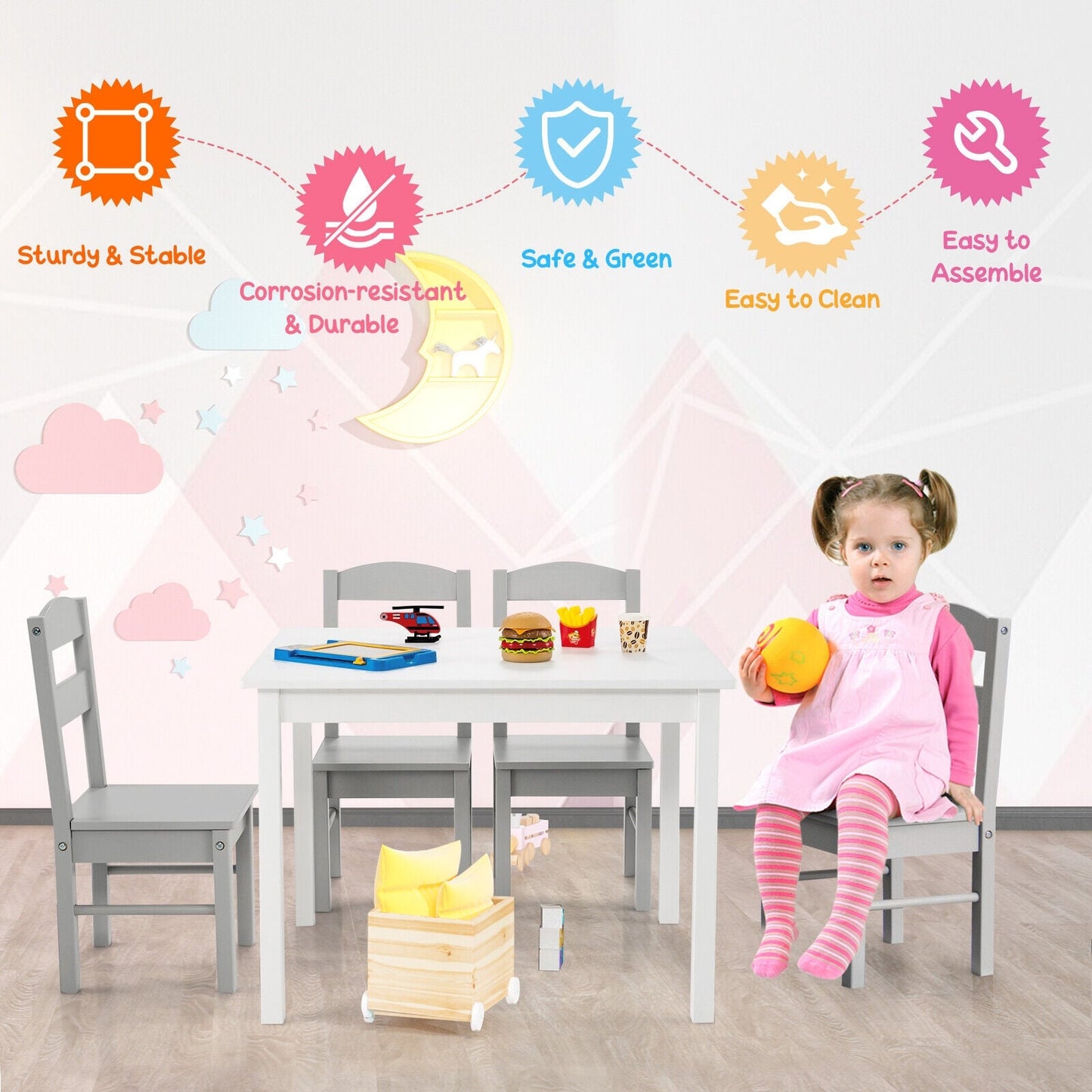Kids 5 Pieces Table and Chair Set Wooden Children Activity Playroom Furniture Gift-White
