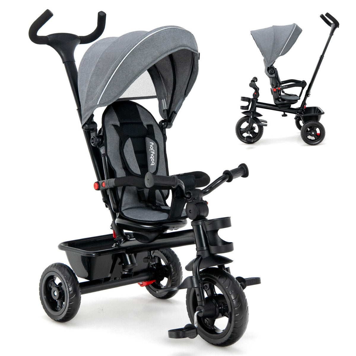 4-in-1 Baby Tricycle Toddler Trike with Convertible Seat-Gray