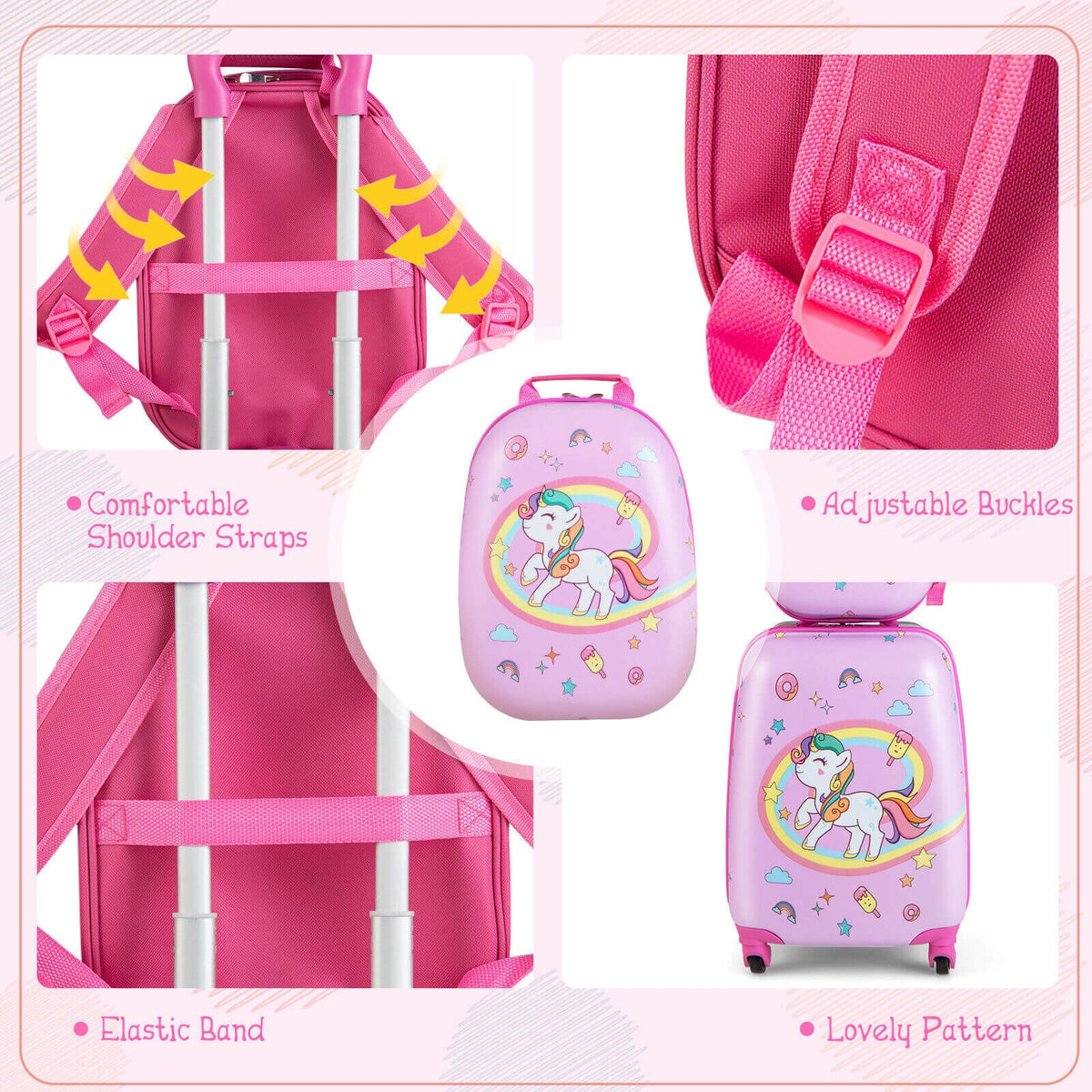 2 Pieces Kids Carry-on Luggage Set with 12 Inch Backpack-Pink