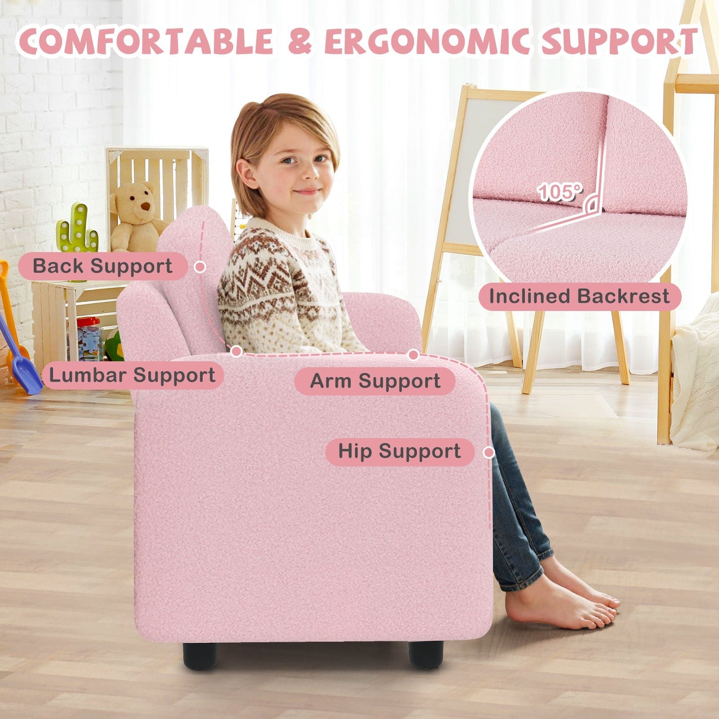 2-Seat Kids Sofa Toddler Sofa Couch with Soft Teddy Fleece Upholstery and Solid Wooden Frame