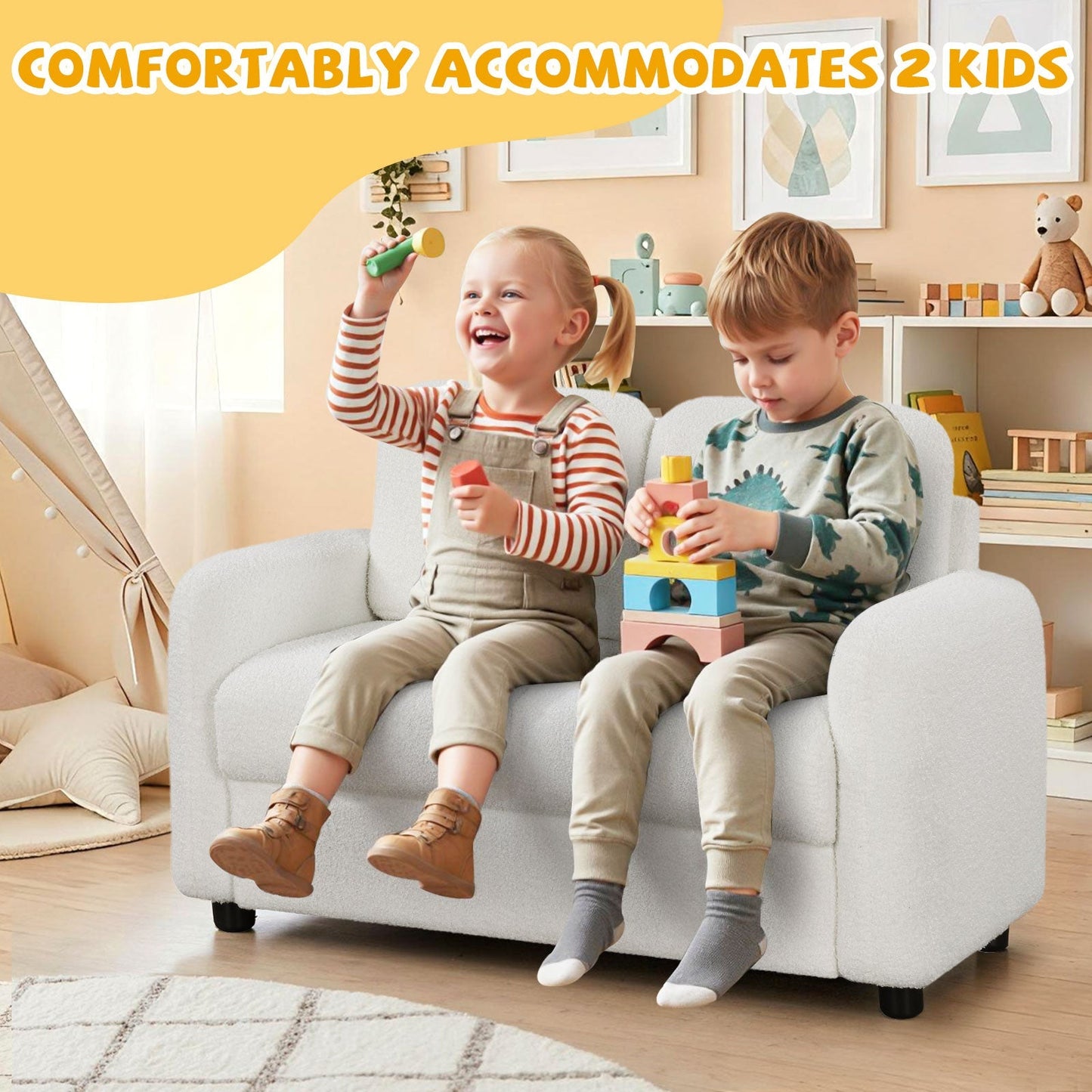 2-Seat Kids Sofa Toddler Sofa Couch with Soft Teddy Fleece Upholstery and Solid Wooden Frame
