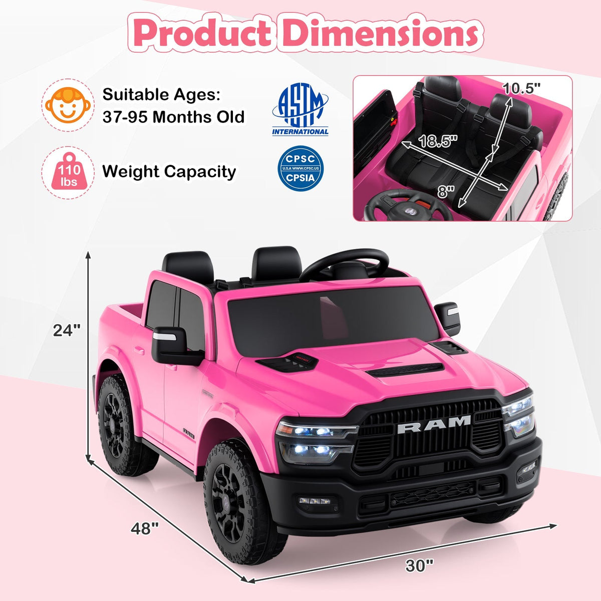 2 Seater 24V Ride on Toy for Big Kids Licensed Ram Truck with Remote and Music