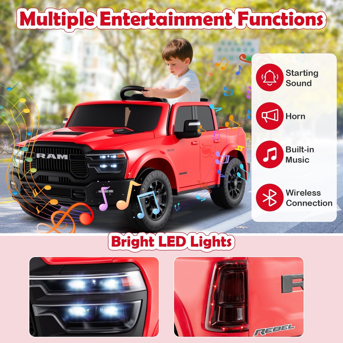 2 Seater 24V Ride on Toy for Big Kids Licensed Ram Truck with Remote and Music