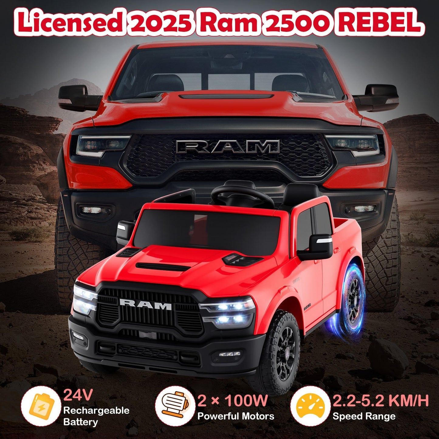 2 Seater 24V Ride on Toy for Big Kids Licensed Ram Truck with Remote and Music