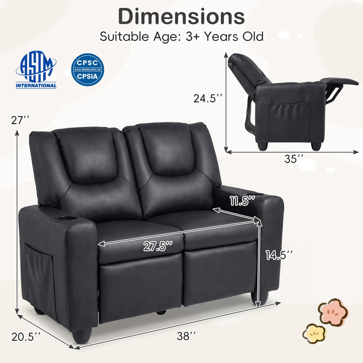 2-Seater Kids Recliner Double Toddler Sofa Chair with 2 Cup Holders