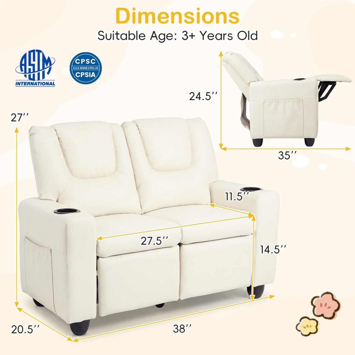 2-Seater Kids Recliner Double Toddler Sofa Chair with 2 Cup Holders