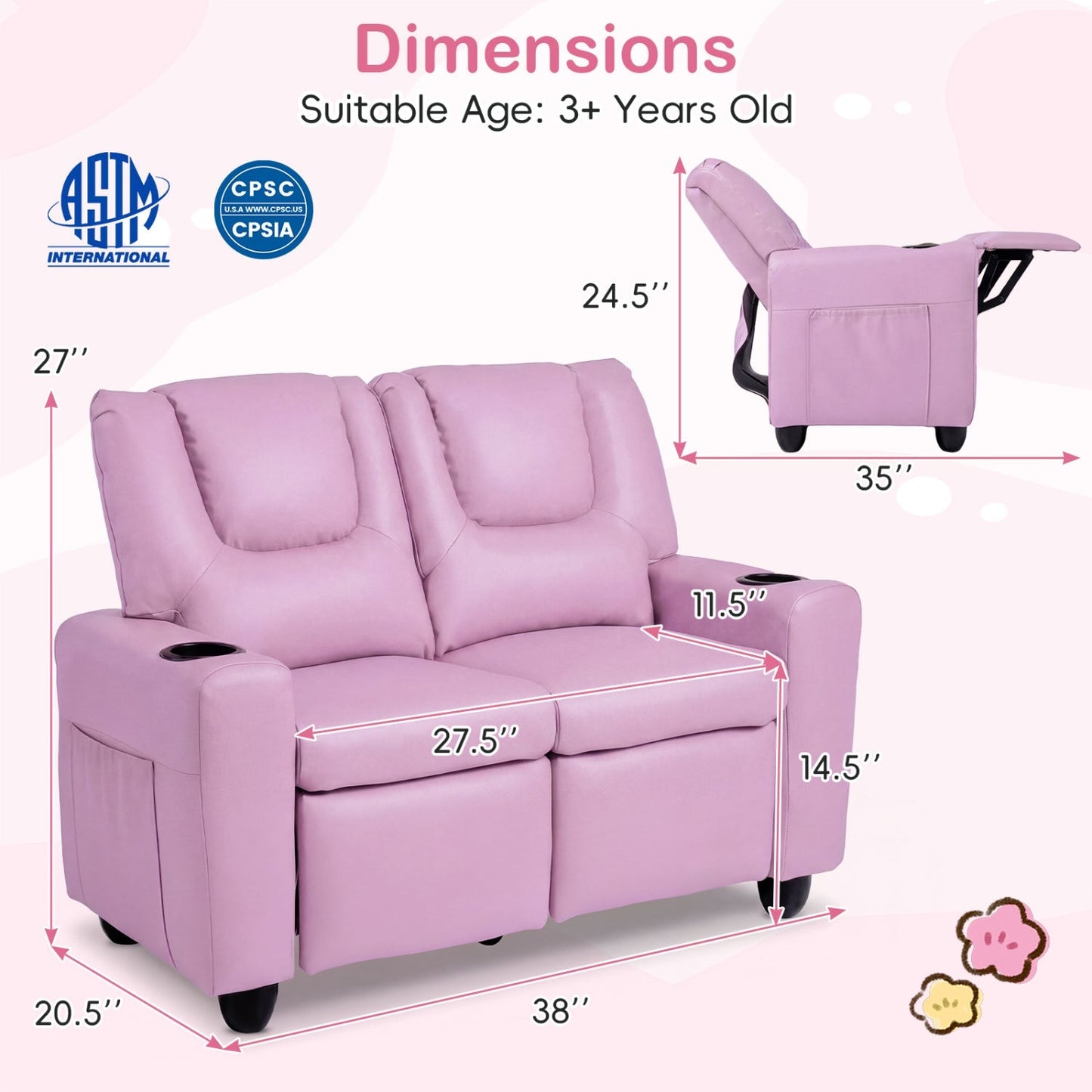 2-Seater Kids Recliner Double Toddler Sofa Chair with 2 Cup Holders