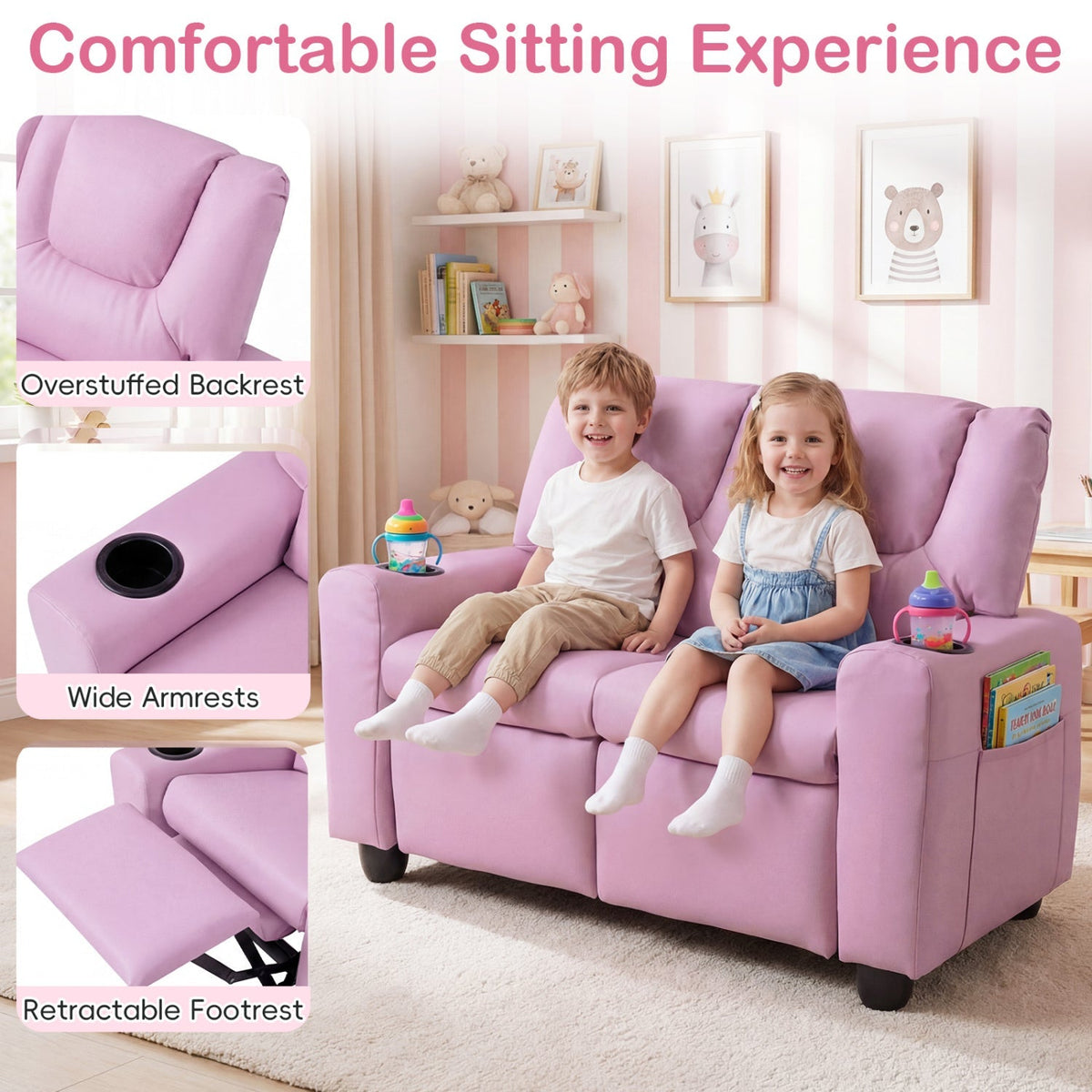2-Seater Kids Recliner Double Toddler Sofa Chair with 2 Cup Holders