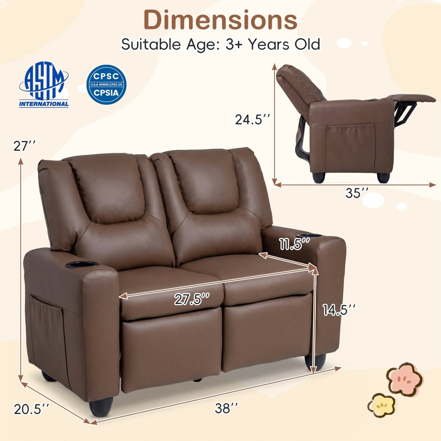 2-Seater Kids Recliner Double Toddler Sofa Chair with 2 Cup Holders