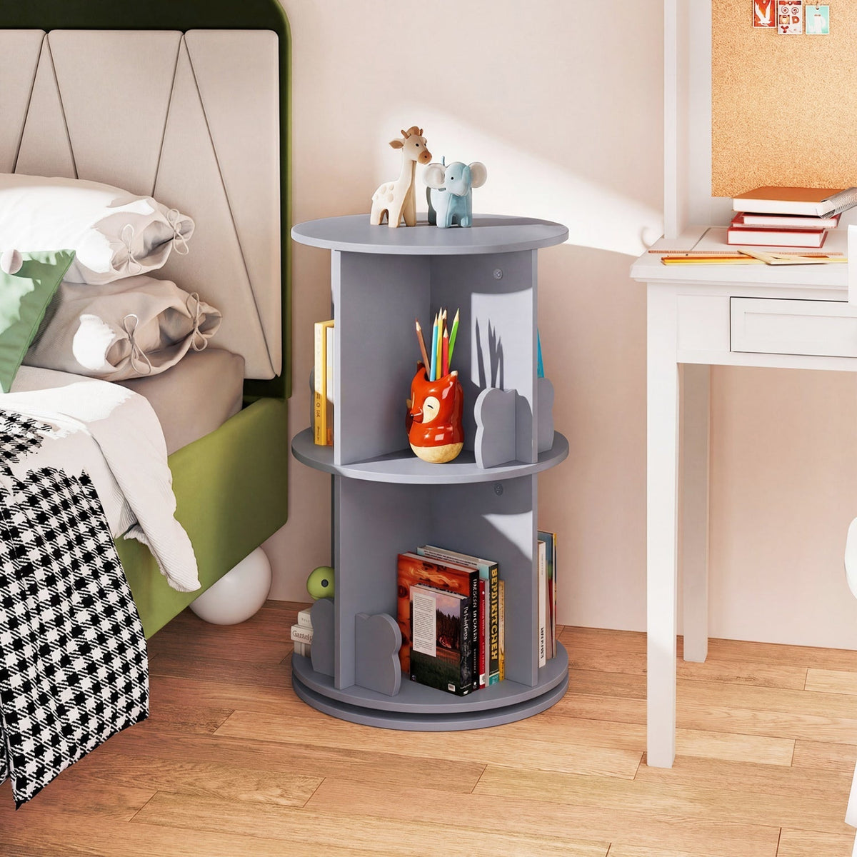 Kids Rotating Bookshelf 2-Tier Storage Rack with Bear Baffles