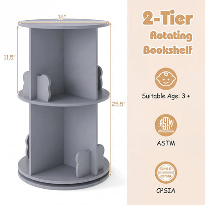 Kids Rotating Bookshelf 2-Tier Storage Rack with Bear Baffles