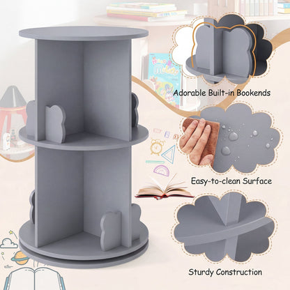 Kids Rotating Bookshelf 2-Tier Storage Rack with Bear Baffles