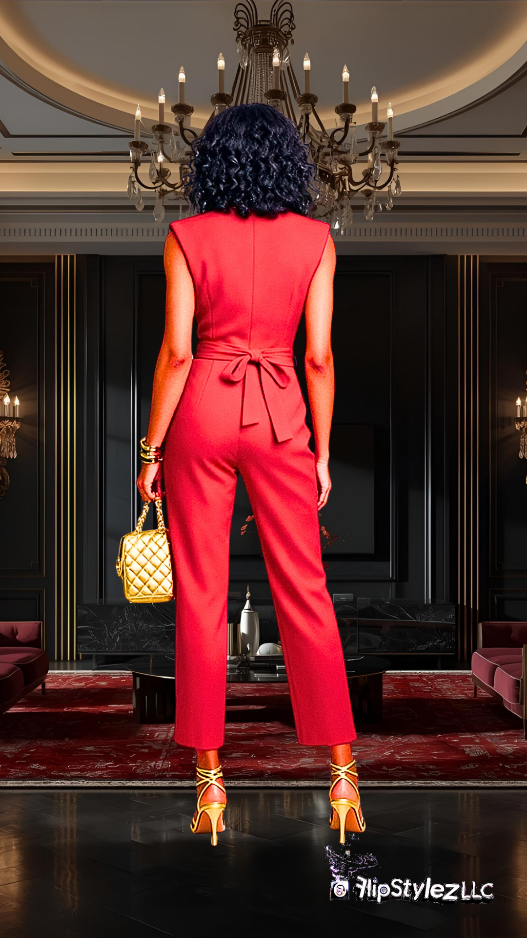New Sexy Red Sleeveless Tie Vest High Waist Pants Suit for women