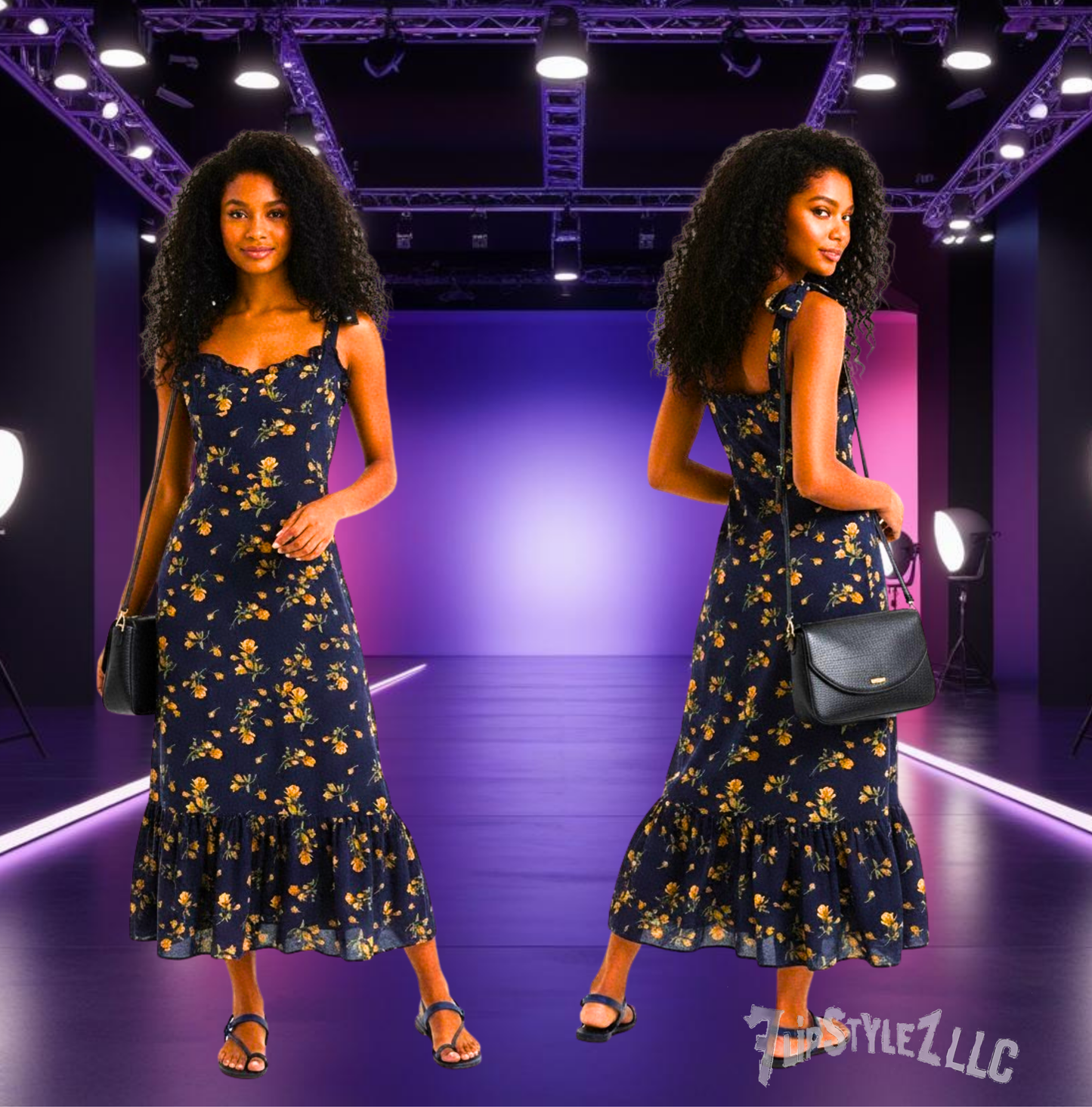 NEW  SPRING PRETTY DARK BLUE Floral PRINT SHOULDER STRAP Slim Dress FOR WOMEN