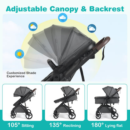 2 in 1 Baby Stroller with Bassinet Mode High Landscape with Reversible Seat and Canopy