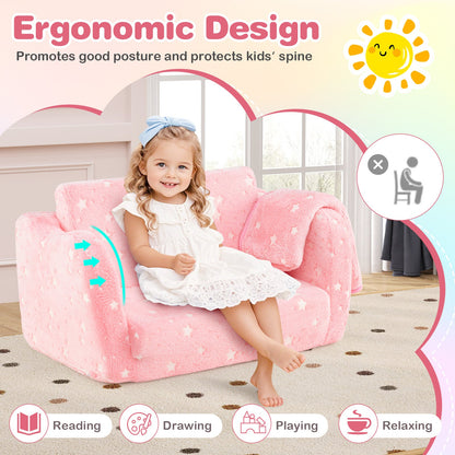 2-in-1 Folding Kids Couch with Blanket Glow in the Dark-Pink