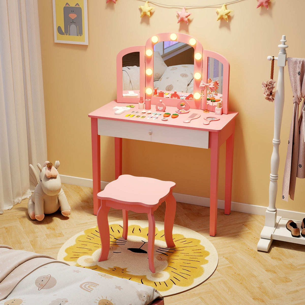 2-in-1 Kids Vanity Table Set with Tri-Folding Detachable Mirror and Lights