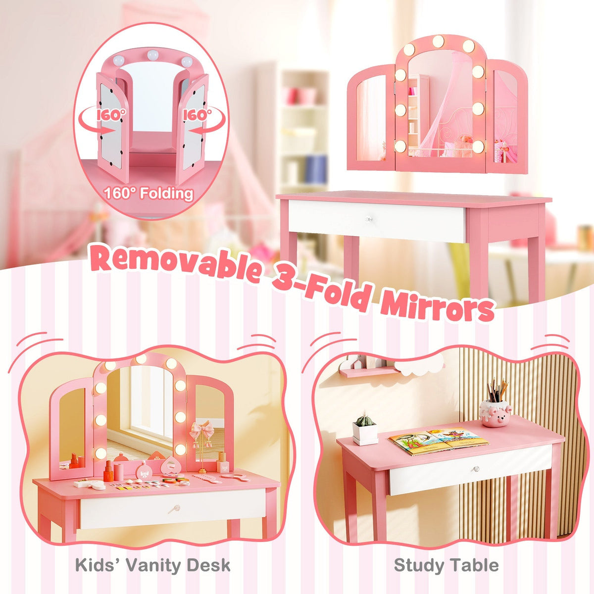 2-in-1 Kids Vanity Table Set with Tri-Folding Detachable Mirror and Lights