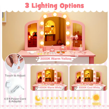 2-in-1 Kids Vanity Table Set with Tri-Folding Detachable Mirror and Lights