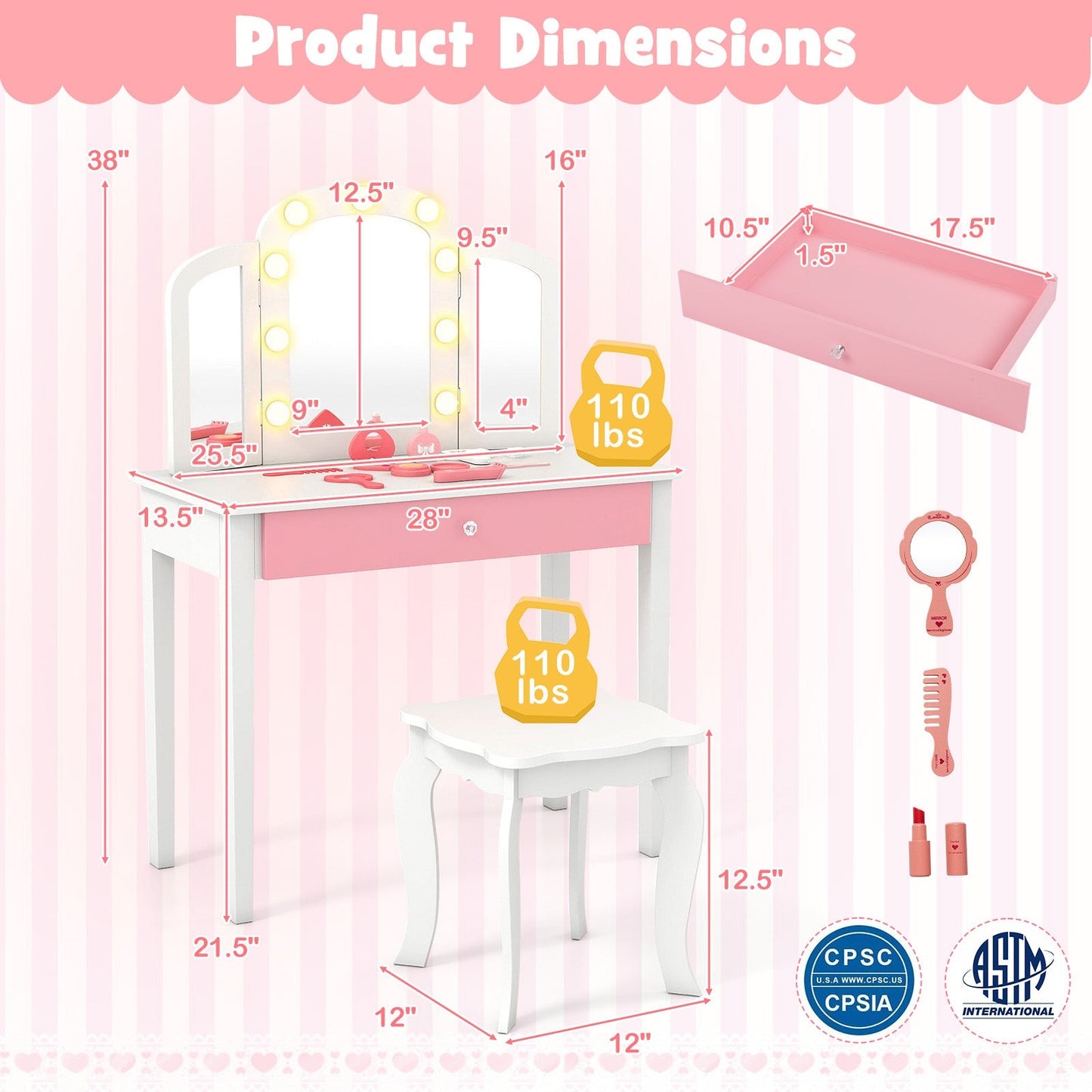 2-in-1 Kids Vanity Table Set with Tri-Folding Detachable Mirror and Lights