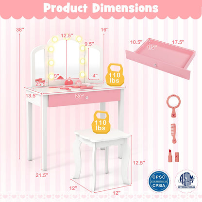 2-in-1 Kids Vanity Table Set with Tri-Folding Detachable Mirror and Lights