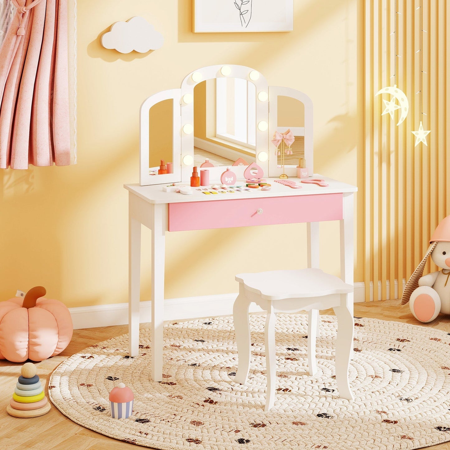 2-in-1 Kids Vanity Table Set with Tri-Folding Detachable Mirror and Lights