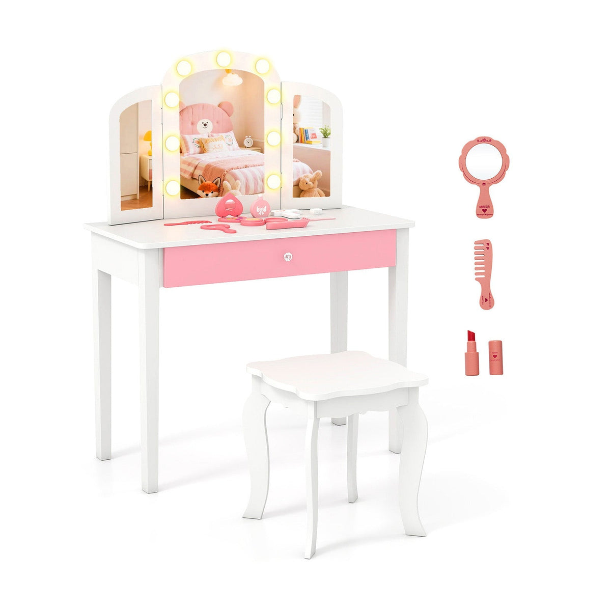 2-in-1 Kids Vanity Table Set with Tri-Folding Detachable Mirror and Lights