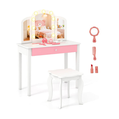 2-in-1 Kids Vanity Table Set with Tri-Folding Detachable Mirror and Lights