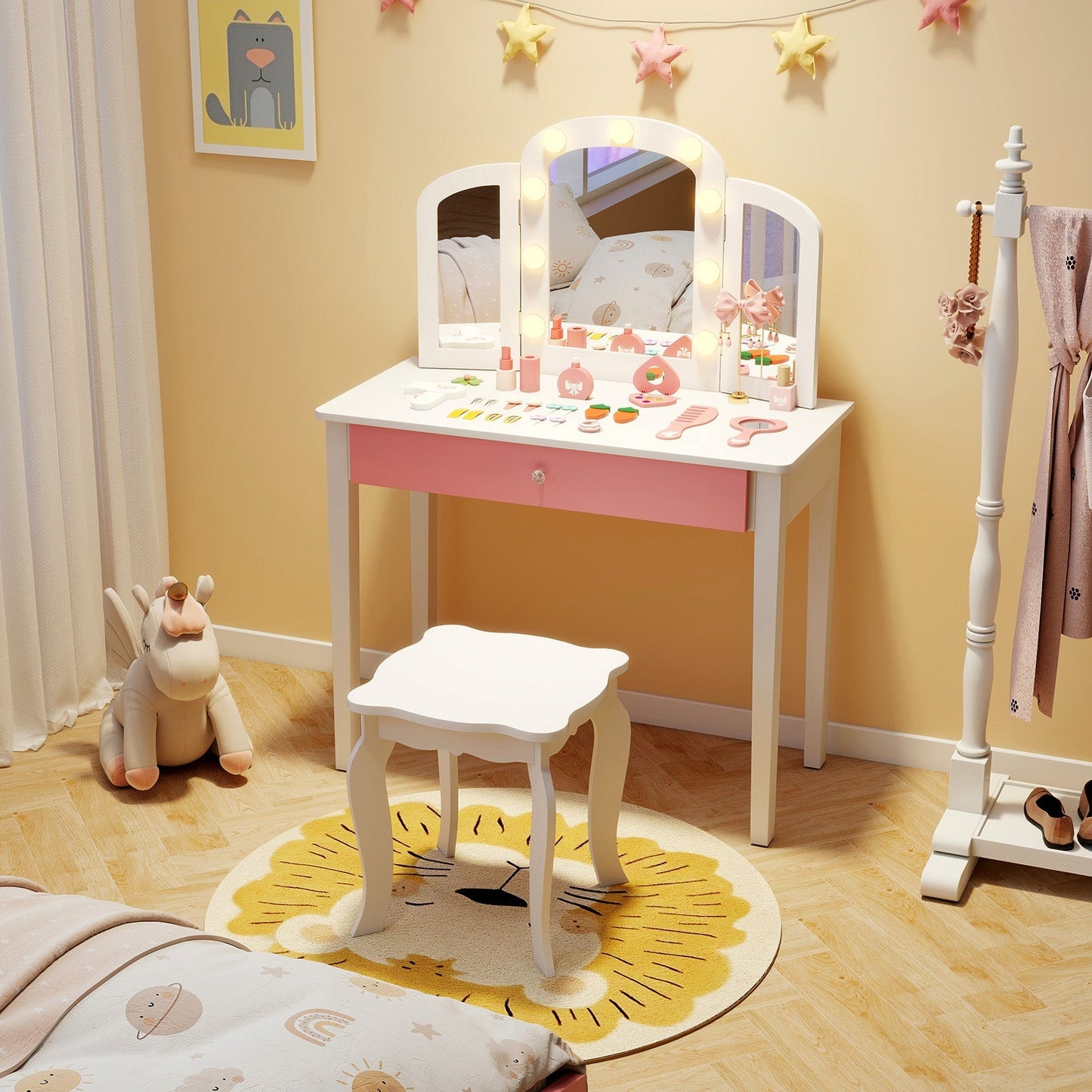 2-in-1 Kids Vanity Table Set with Tri-Folding Detachable Mirror and Lights