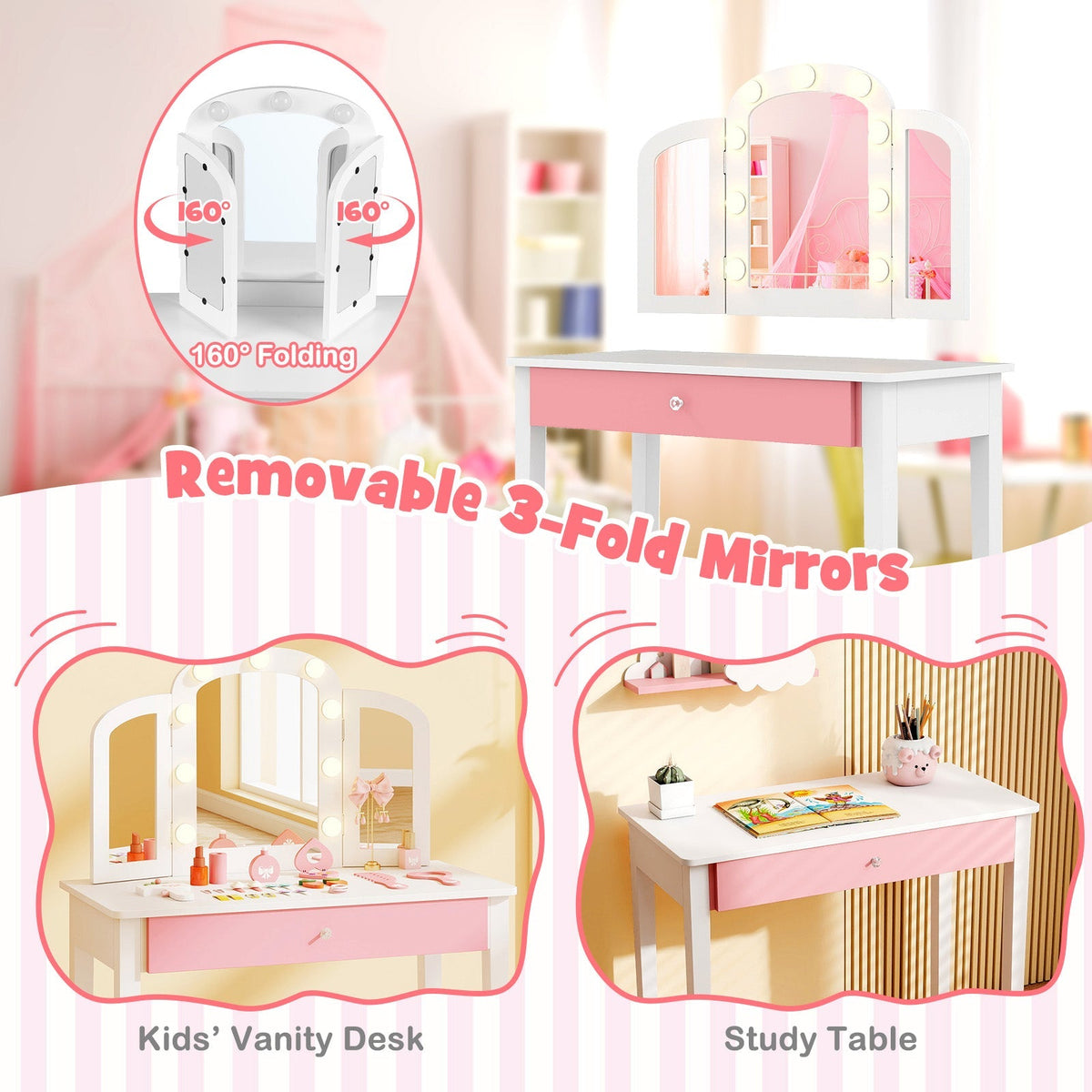 2-in-1 Kids Vanity Table Set with Tri-Folding Detachable Mirror and Lights