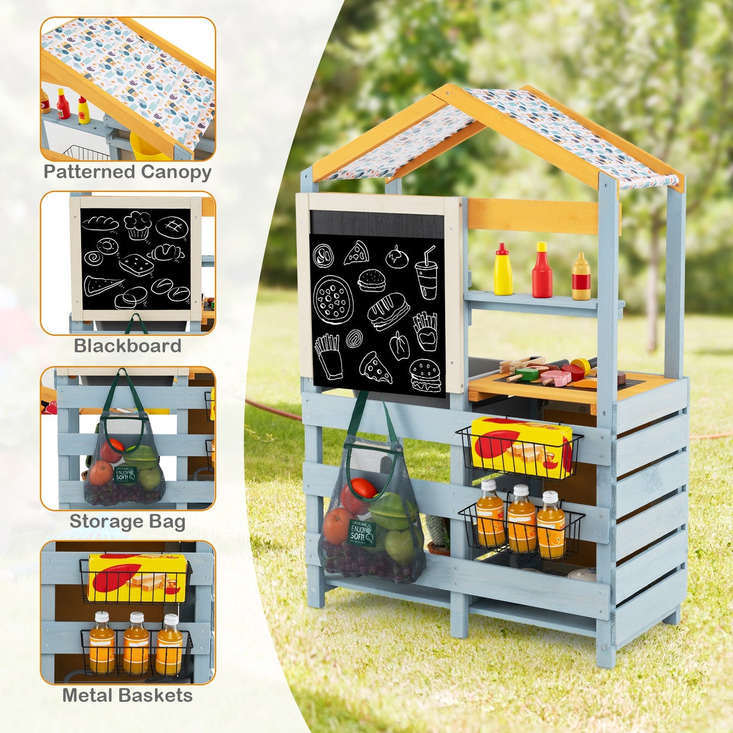 2 in 1 Wooden Mud Kitchen with Removable Water Box  and Storage Bag-Gray