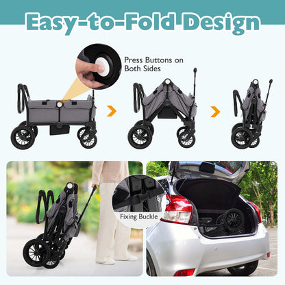 2 Seater Push Pull Collapsible Kids Wagon Stroller with Adjustable Handlebars-Gray