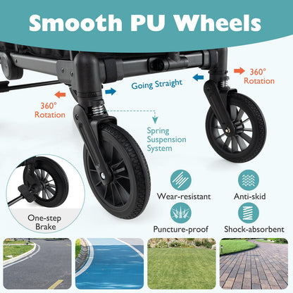 2 Seater Push Pull Collapsible Kids Wagon Stroller with Adjustable Handlebars-Gray