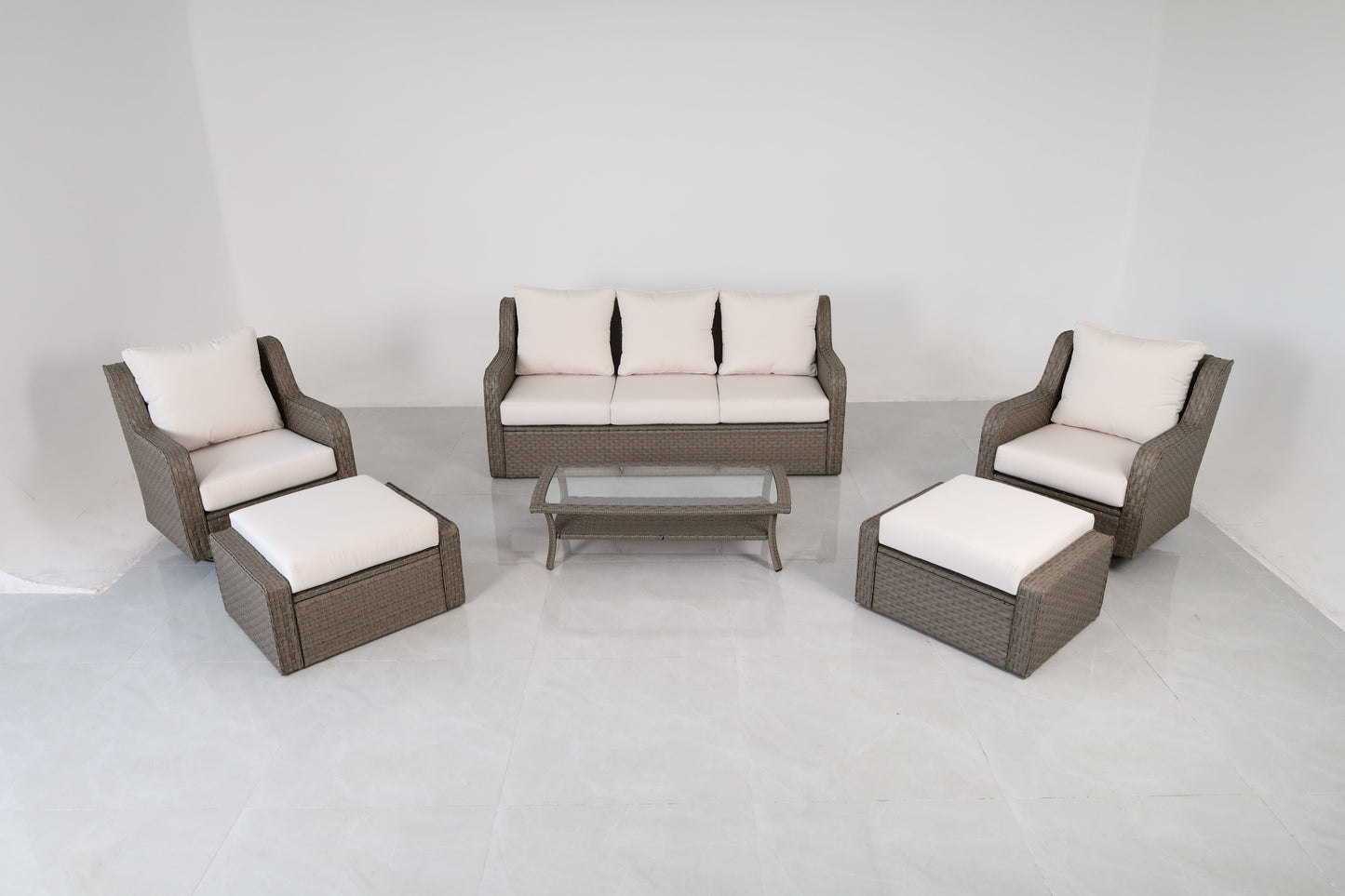 Luxury Rattan Patio Conversation Set – Includes 2 Swivel Chairs, Sofa, Coffee Table, And 2 Ottomans With Premium
