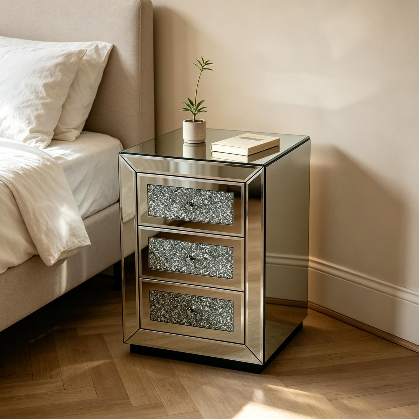 3 Drawer Nightstand With Glass Accents, Bedside Table For Bedroom - Silver